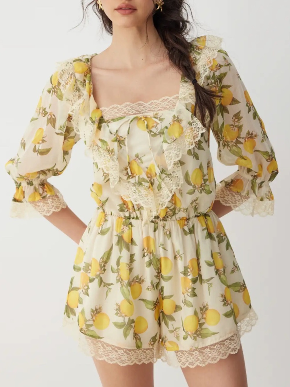 NWT Cider Lemon CHIFFON SQUARE NECK LANTERN SLEEVE LACE ROMPER CottageCore - Picture 2 of 10